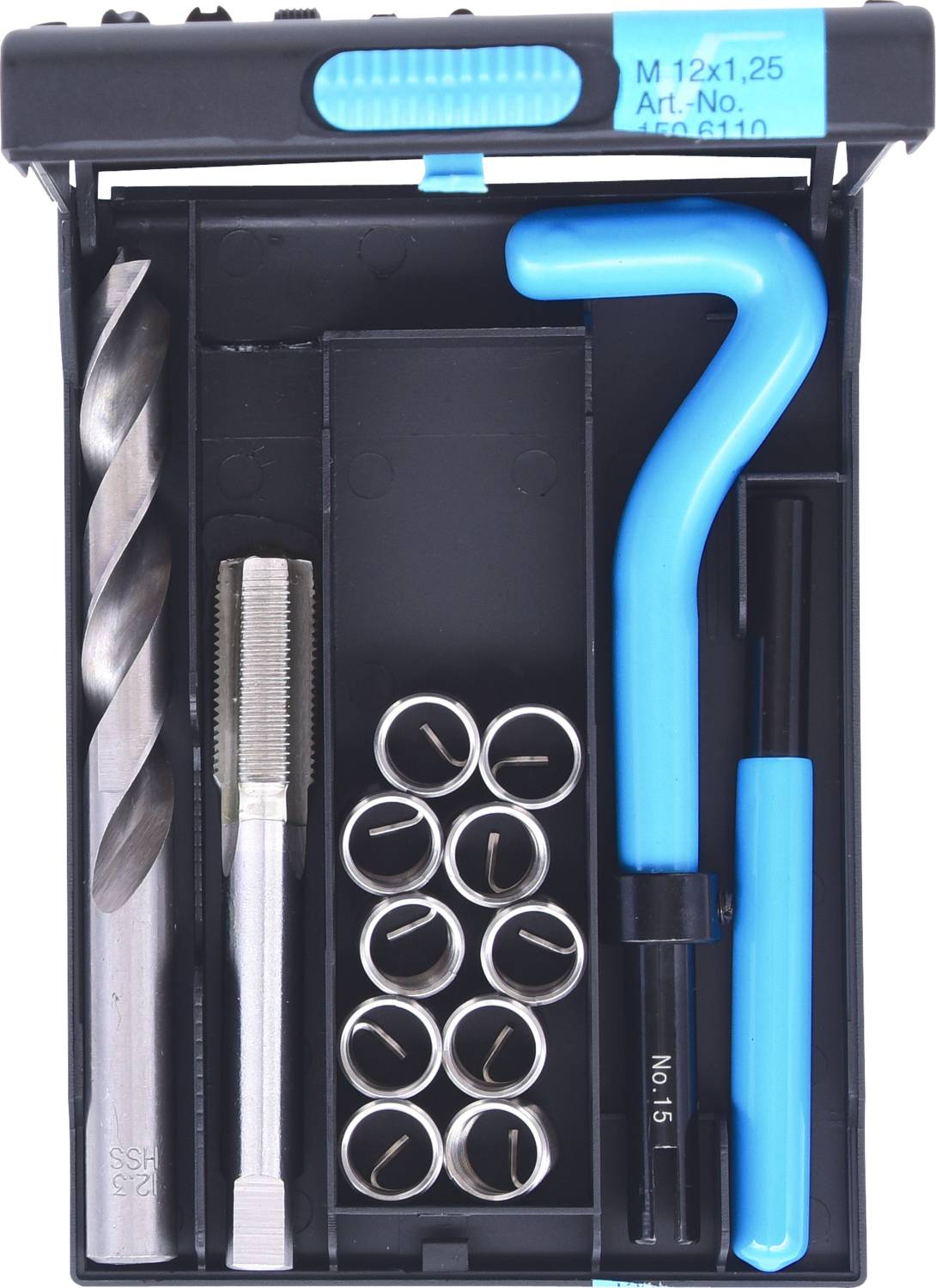 Ein Gewindereparaturset mit Bohrer, Gewindebohrer, Einzetzwerkzeug und Insert-Gewindebuchsen in einer schwarzen Box.