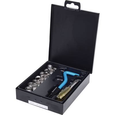 Ein offenes Werkzeug-Set mit mehreren Metallspiralen, einem blauen Hakenwerkzeug und einem Schraubendreher, in einer schwarzen Box.
