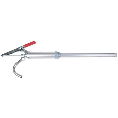 Handpumpe aus Metall mit langem, geradem Körper und gebogenem Auslauf, Griff oben in der Nähe des Hebels.