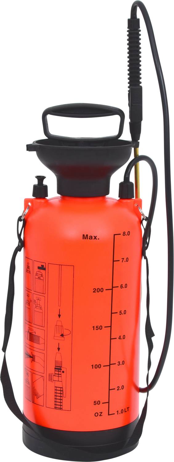 Ein roter Drucksprüher mit schwarzem Griff und Schlauch, Maßeinheiten an der Seite markiert. Ideal für Gartenarbeit und Reinigungsarbeiten.