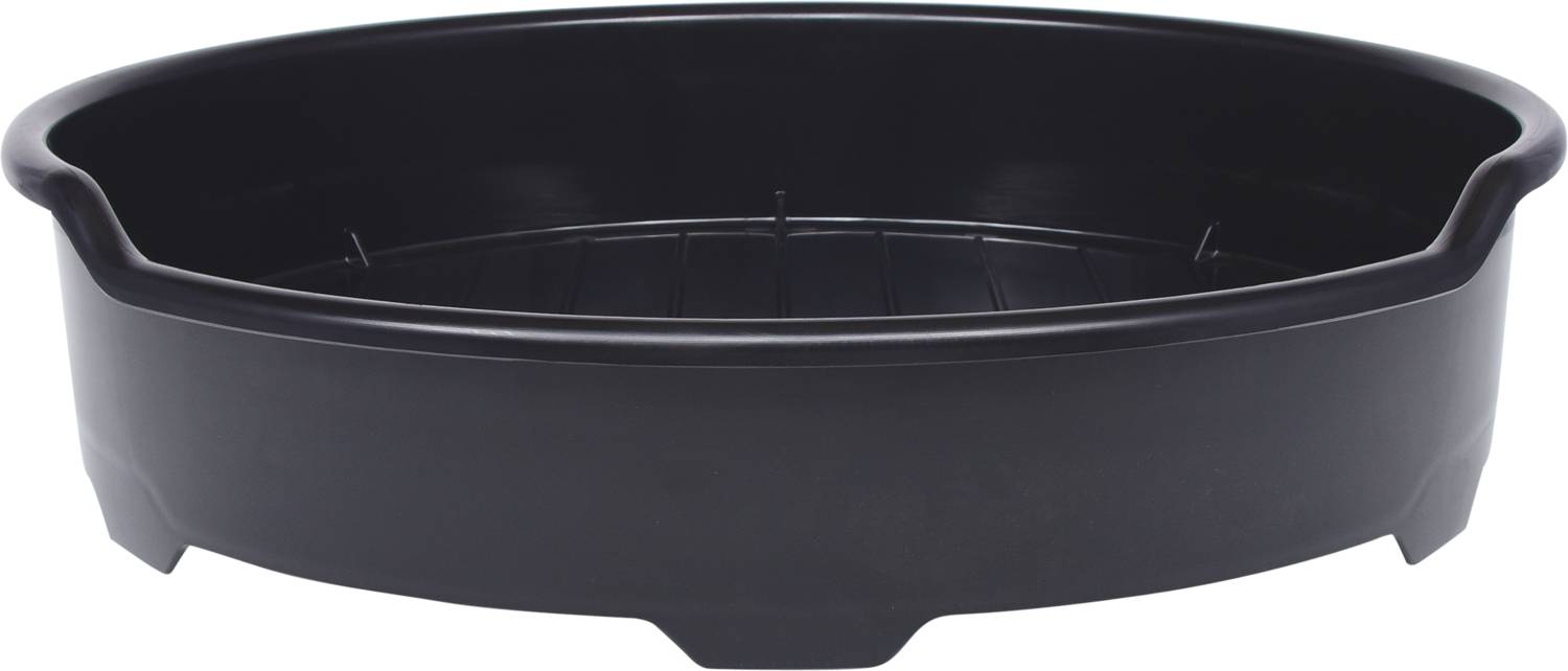 Ein großer, schwarzer Kunststoffauffangbehälter, oval geformt, mit erhöhtem Rand, wahrscheinlich für Flüssigkeiten oder Abfälle.