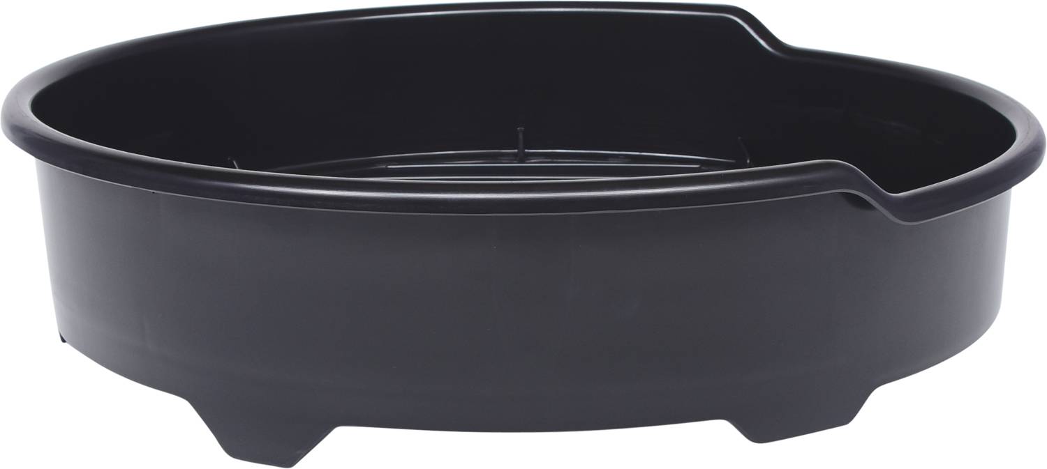 Schwarzes ovales Kunststoffbett für Haustiere mit niedrigem Einstieg und erhöhten Seitenwänden. Ideal für Hunde oder Katzen.