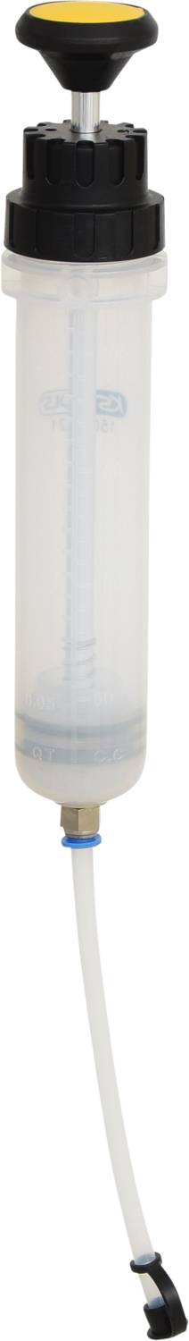 Eine transparente Handpumpe mit schwarzem Griff und Schlauch, verwendet zum Abpumpen oder Übertragen von Flüssigkeiten.