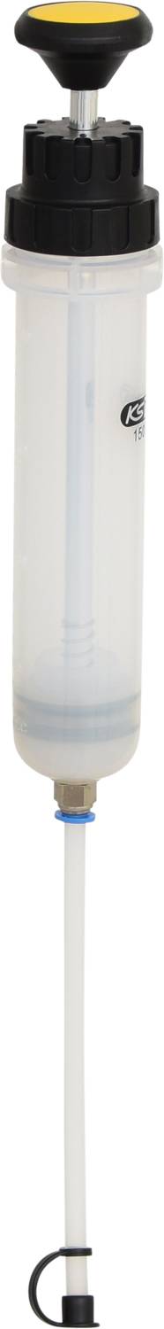 Eine Handpumpe mit langem Auslassschlauch.