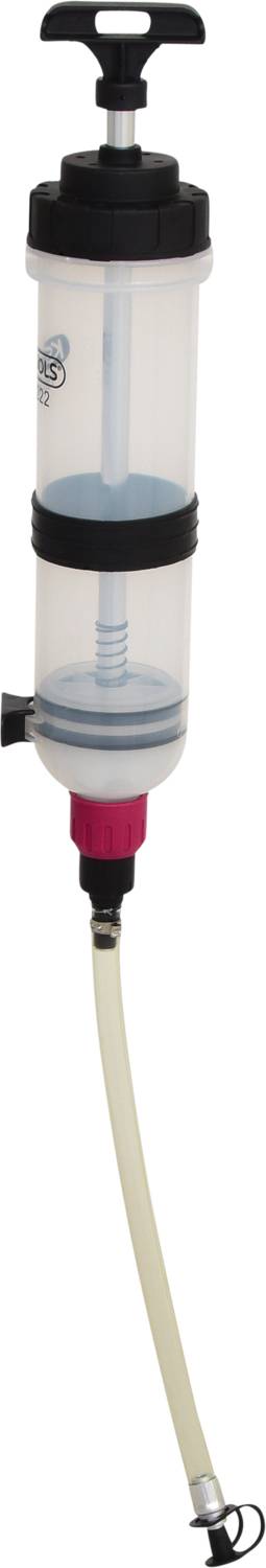 Eine transparente Spritze mit schwarzem Griff, Clip zur Befestigung und flexiblem Schlauch.