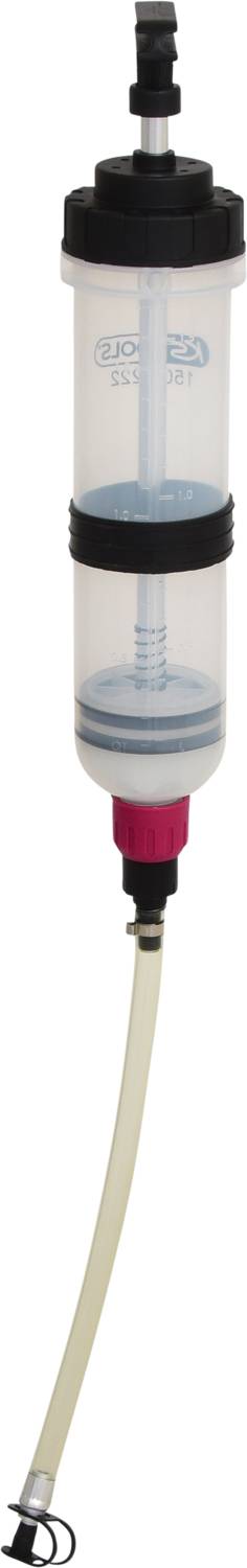 Eine transparente Spritze mit schwarzem und rotem Griff, verbunden mit einem flexiblen Schlauch.