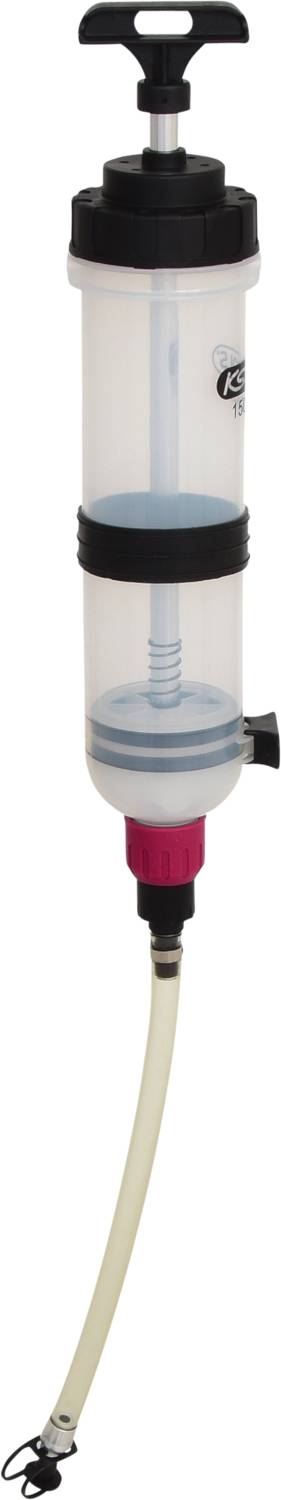 Eine transparente Handspritze mit einem Schlauch, geeignet zur Entnahme von Flüssigkeiten.