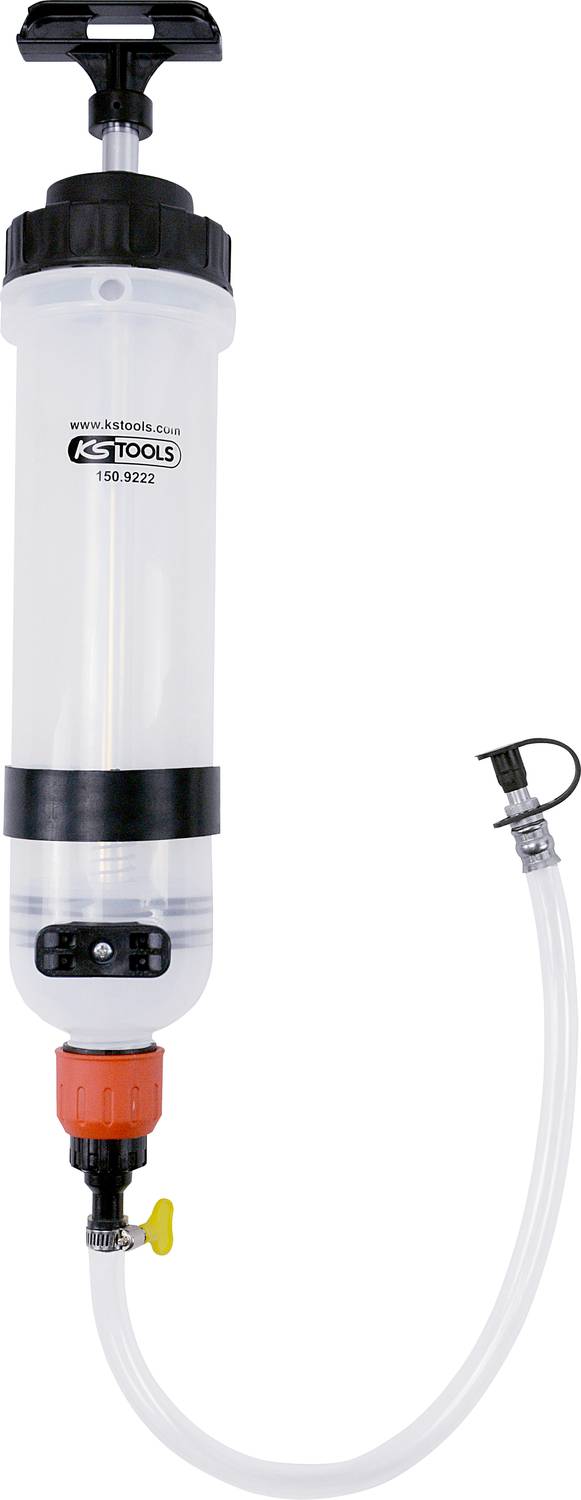 Eine manuelle Handpumpe mit einem transparenten Zylinder und flexiblem Schlauch, geeignet für das Absaugen oder Umfüllen von Flüssigkeiten.