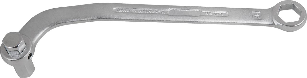 Maulringschlüssel mit abgewinkeltem Ende und zwei Sechskantprofilen. Silberne Metalloberfläche.