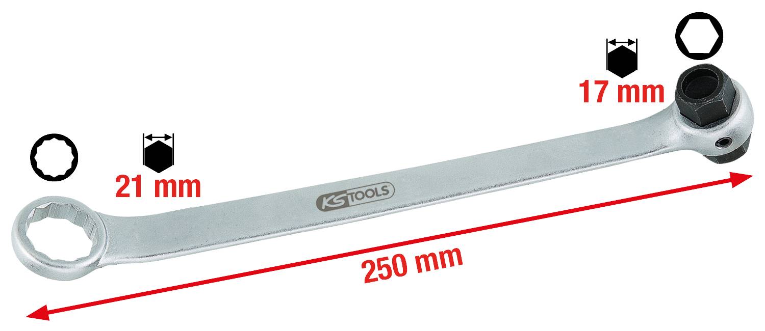 Ein 250 mm langer Doppelringschlüssel. Links 21 mm Hex, rechts 17 mm Hex. Silberfarben mit 'KS TOOLS'-Logo in der Mitte.