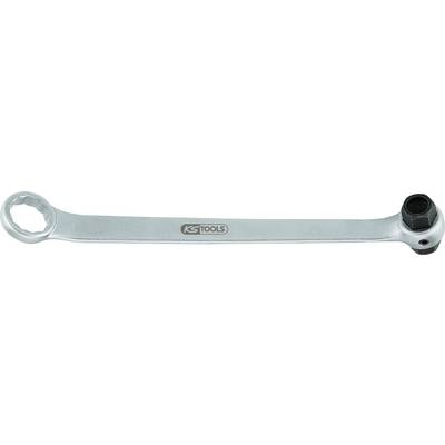 Ein silberner Ringschlüssel mit Ratschfunktion, Marke KS Tools, auf weißem Hintergrund.