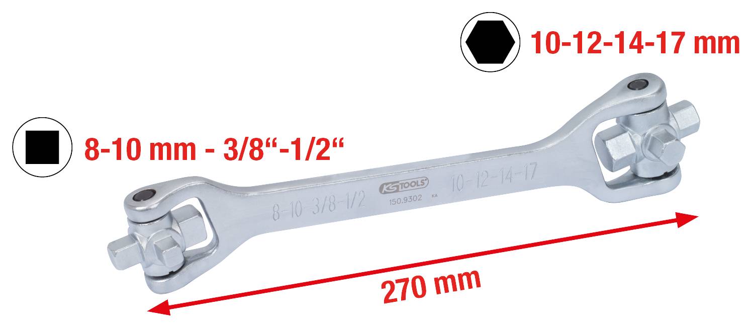 'Doppelringschlüssel 270 mm, geeignet für Muttern in Größen 8-10 mm und 10-12-14-17 mm.'