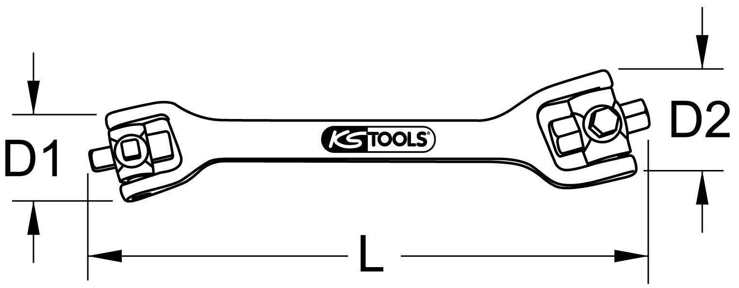 'Doppelringschlüssel mit D1 und D2 als Schlüsselweiten. Länge L ist angegeben. KS Tools-Logo in der Mitte. Werkzeug für Schraubarbeiten.'