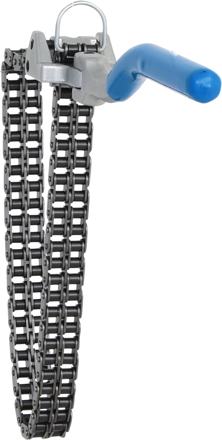 Metallschneidkettenschlüssel mit blauem Kunststoffgriff, verwendet zum Greifen und Drehen von Zylindern oder Rohren.