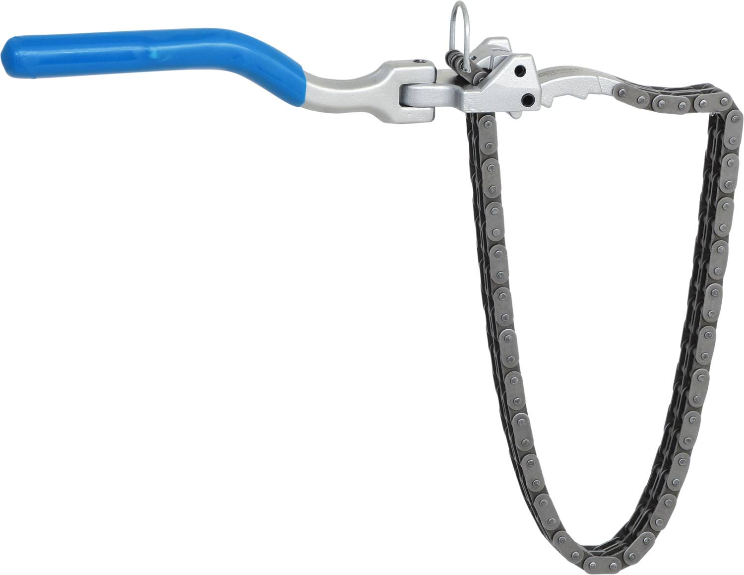 Ein Fahrradkettenschlüssel mit blauer Griff und silberner Kette. Verwenden, um Fahrradritzel zu fixieren oder zu lösen.