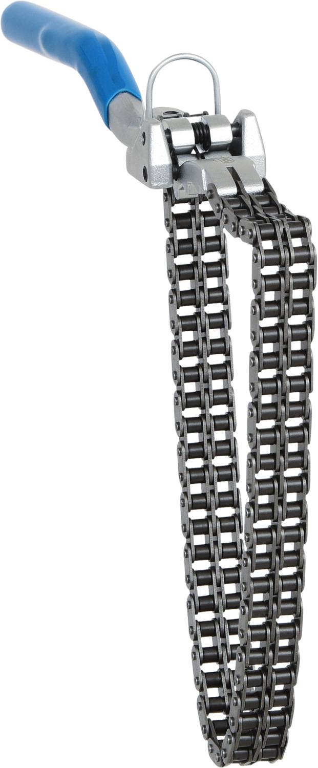 Kettenschlüssel mit blauem Griff, verwendet für das Lösen oder Festziehen von runden Objekten wie Rohre oder Filter.