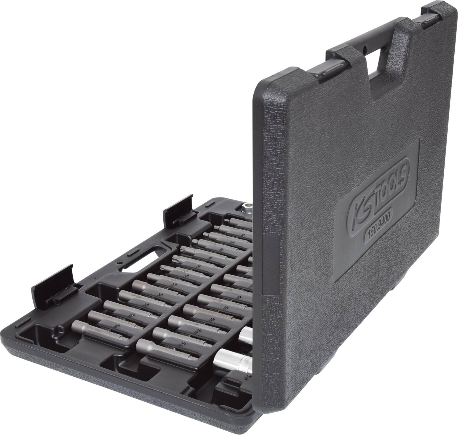 Aufgeklappter schwarzer Werkzeugkoffer mit verschiedenen Stecknüssen und Werkzeug von KS Tools, erkennbar an geprägtem Logo.