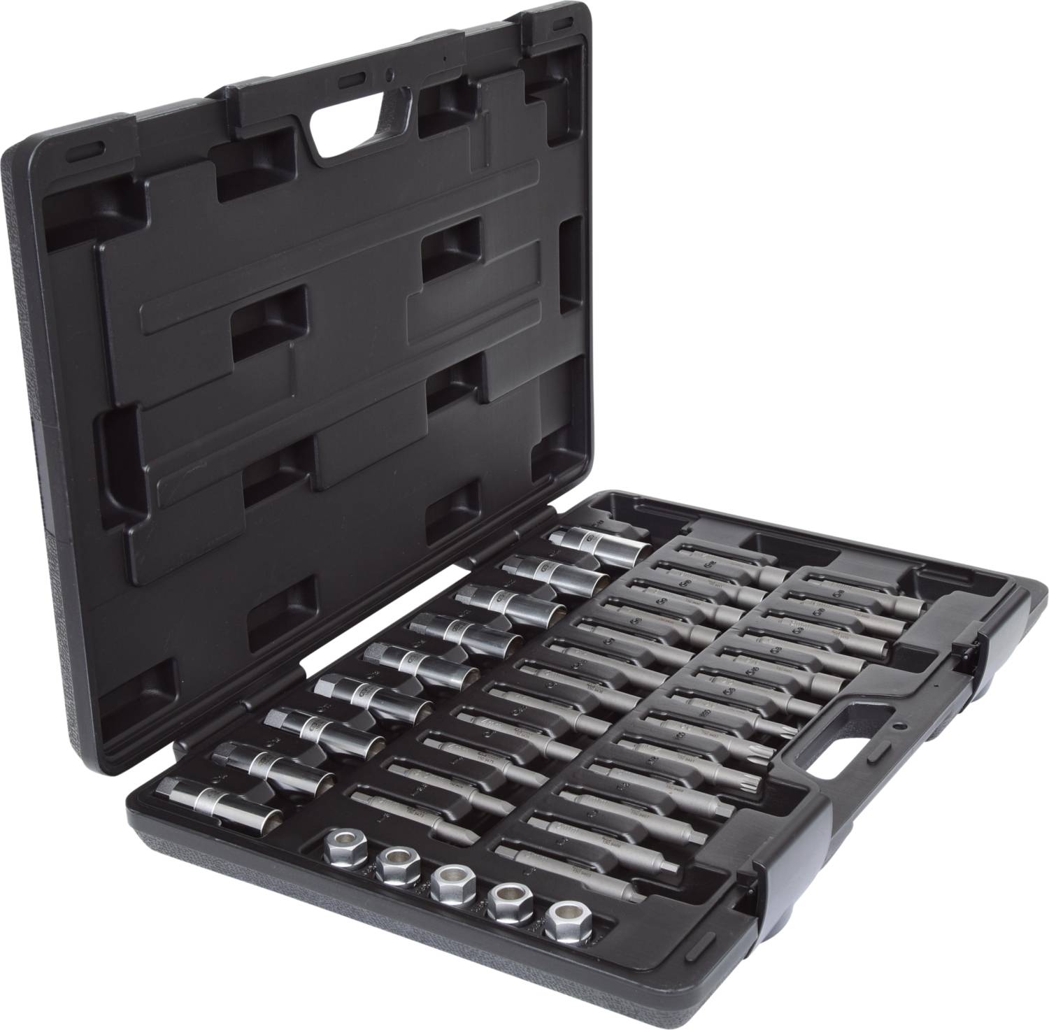 'Ein schwarzer Werkzeugkoffer mit offener Klappe zeigt mehrere Reihen von Metallbohrern in verschiedenen Größen geordnet.'