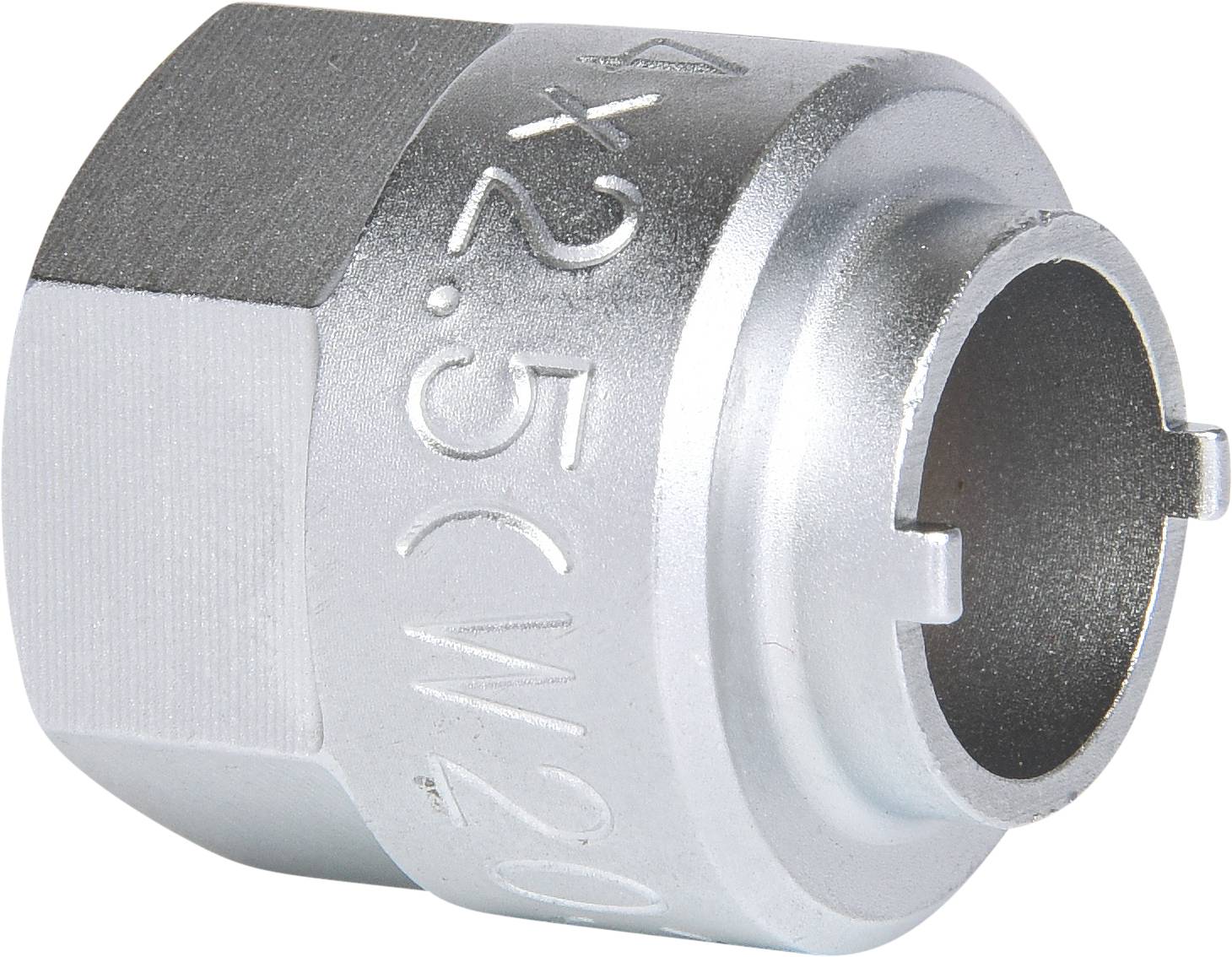 Metallene Schraubmuffe mit sechsseitigem Außengewinde, geprägt mit Größe '32.5 CM 20'. Geeignet für industrielle Rohrverbindungen.