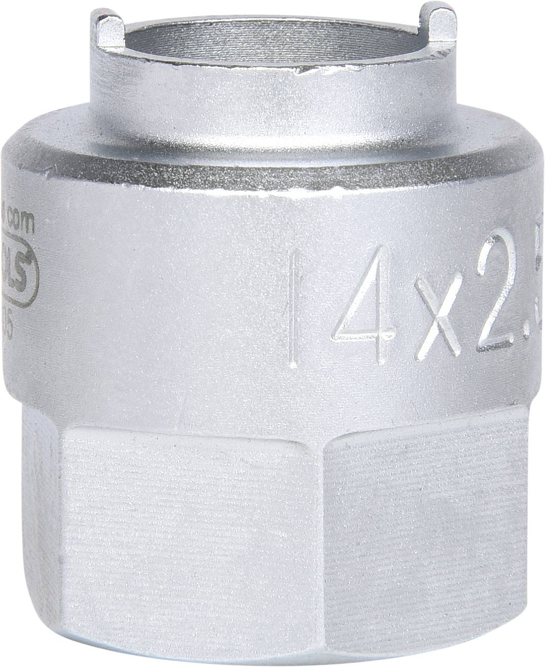 Ein silberner Fahrrad-Kassettenabzieher aus Metall mit gravierter Aufschrift '14x2'. 