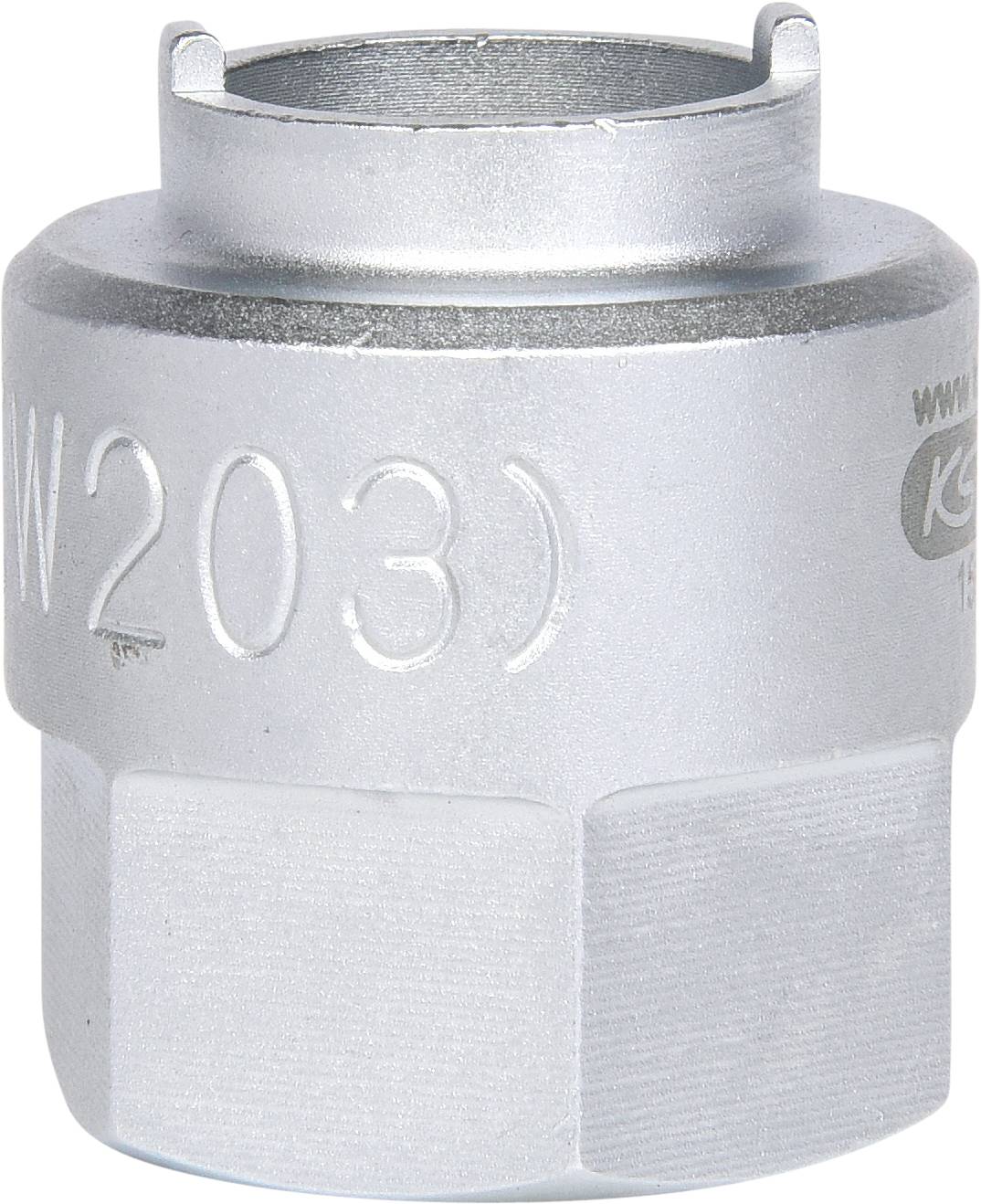 Eine silberne, metallische Sechskantnuss mit der Aufschrift 'W203' auf der Seite, typische Form zum Lösen von Spezialverschlüssen.