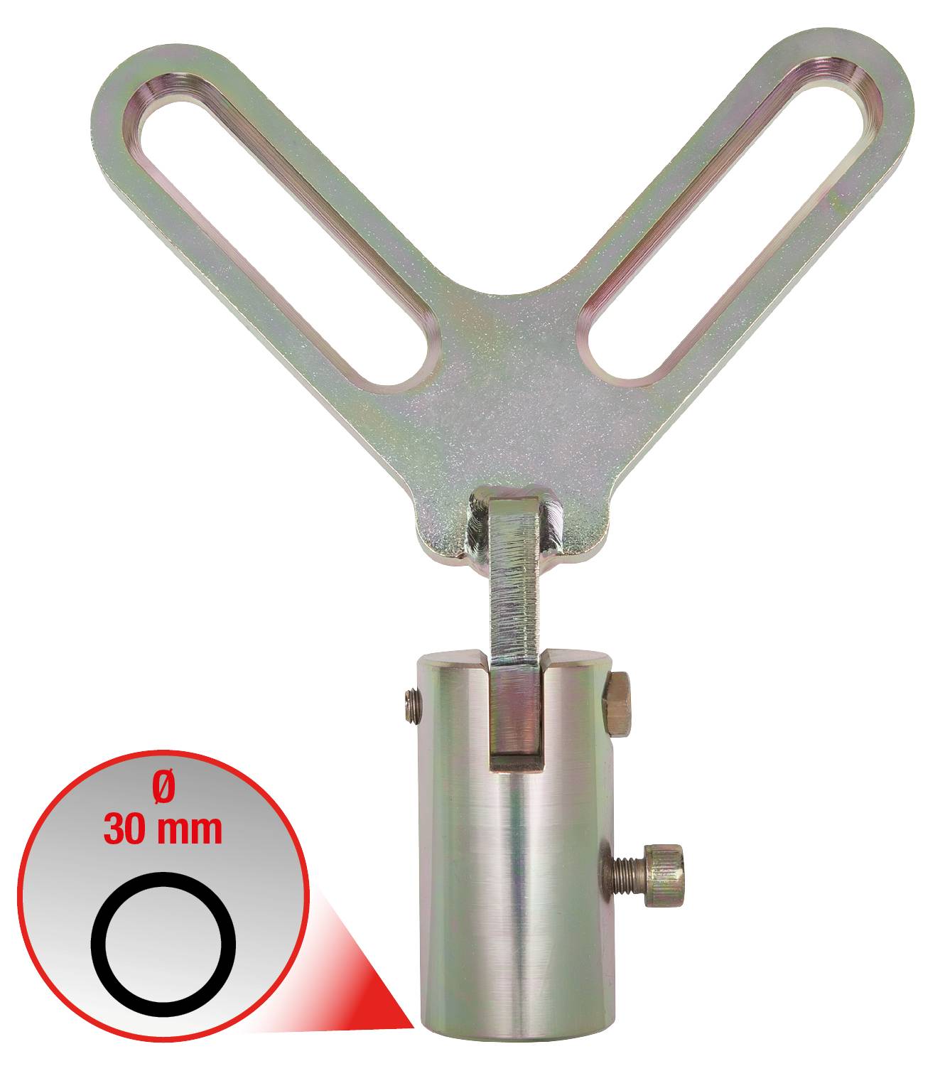 Metallhalterung mit Y-förmigem Kopf und runden Löchern, geeignet für Rohre mit 30 mm Durchmesser. Silberfarben, mit einstellbarem Schraubverschluss.