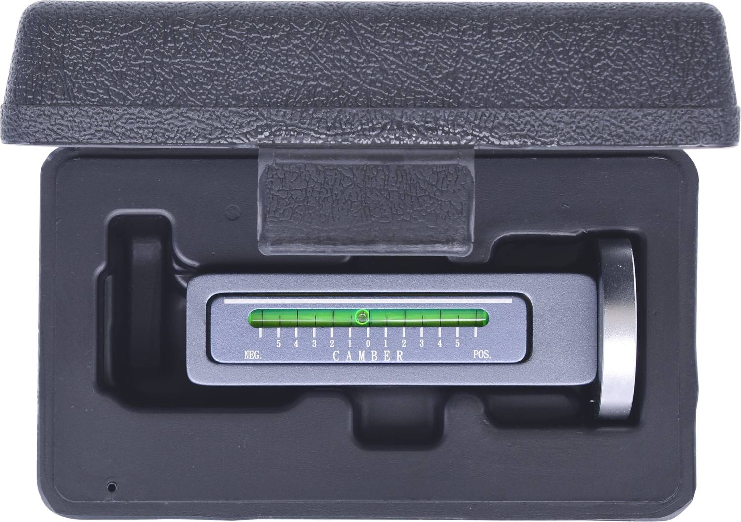 Ein Nivelliergerät in einer schwarzen Box zeigt eine grüne Wasserwaage mit Markierungen von 'NEG' bis 'POS'.