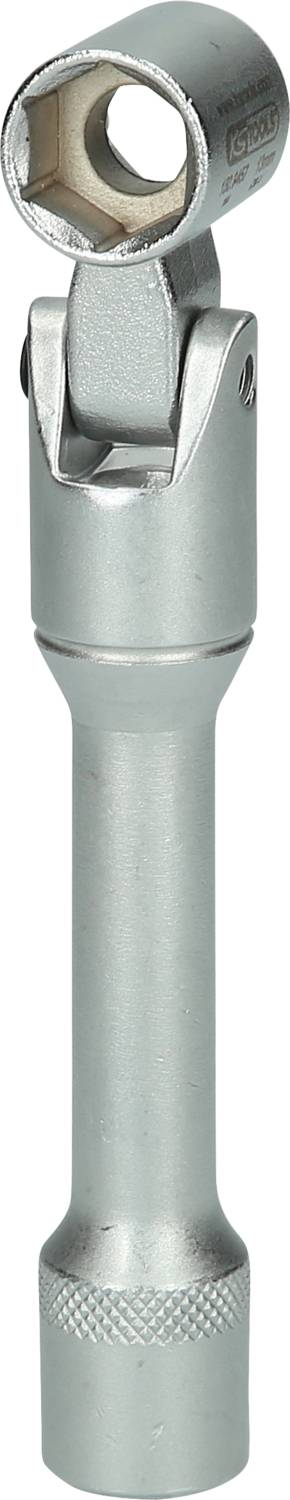 Ein verlängerbarer Stecknussgelenkgriff aus Metall, der zum Lösen oder Festziehen von Schrauben mit schwer zugänglichen Winkeln verwendet wird.