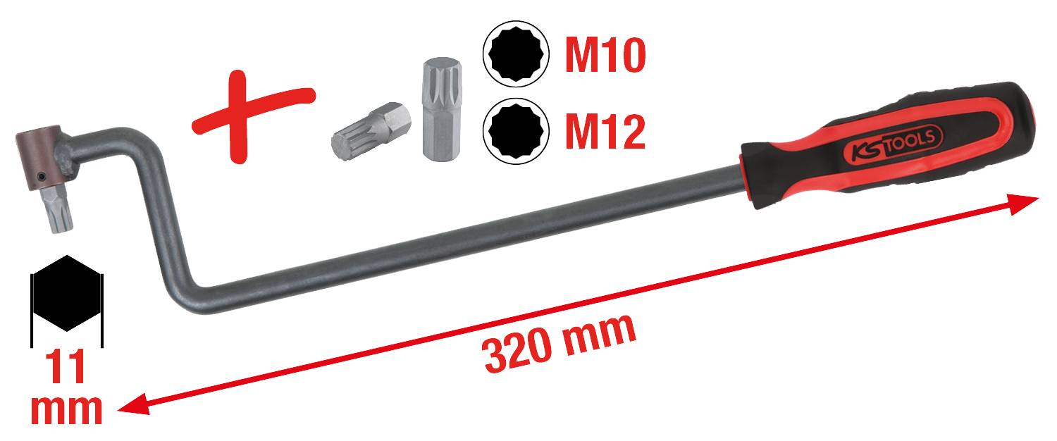 'Innensechskant-Winkelschlüssel mit 320 mm Länge, ergonomischem Griff, 11 mm Kopf; kompatibel mit M10 und M12 Schrauben.'