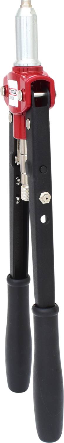 Eine manuelle Nietzange mit roten und schwarzen Griffen, verwendet, um Nieten sicher zu befestigen.