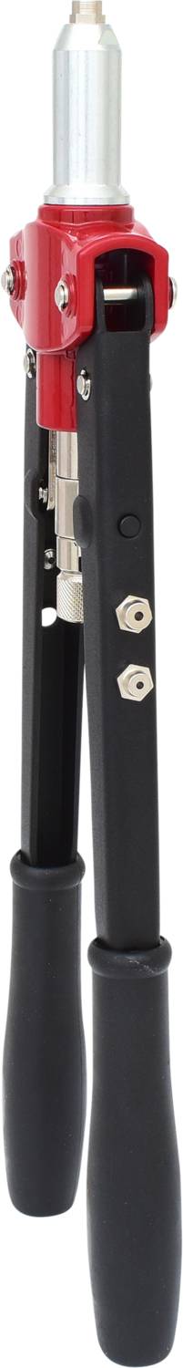 Handnietzange mit schwarzem Griff und rotem Kopf, vertikal ausgerichtet. Geeignet zum Setzen von Blindnieten für Metallverbindungen.