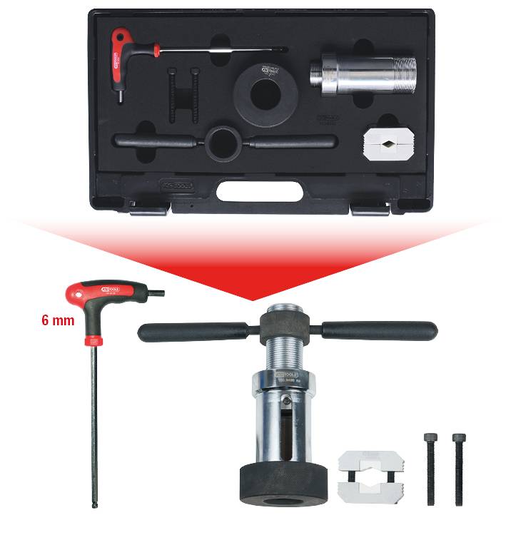 'Auspresswerkzeug-Kit mit verschiedenen Metallteilen und einer Anleitung für die Montage von Lagern. Hauptteil ist vergrößert dargestellt.'