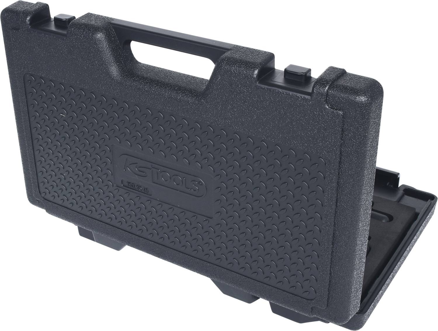 Schwarzer Werkzeugkoffer in geschlossenem Zustand mit Griff und strukturiertem Muster auf der Oberfläche.