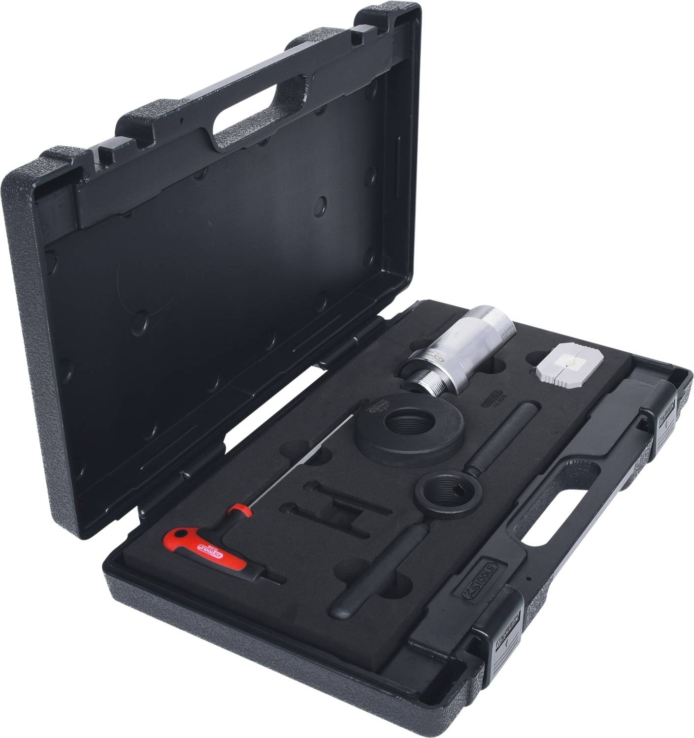 Werkzeugset in einem schwarzen Koffer mit Schraubendreher, Spritze und Dichtungen, möglicherweise für Mechanik oder Reparaturen.