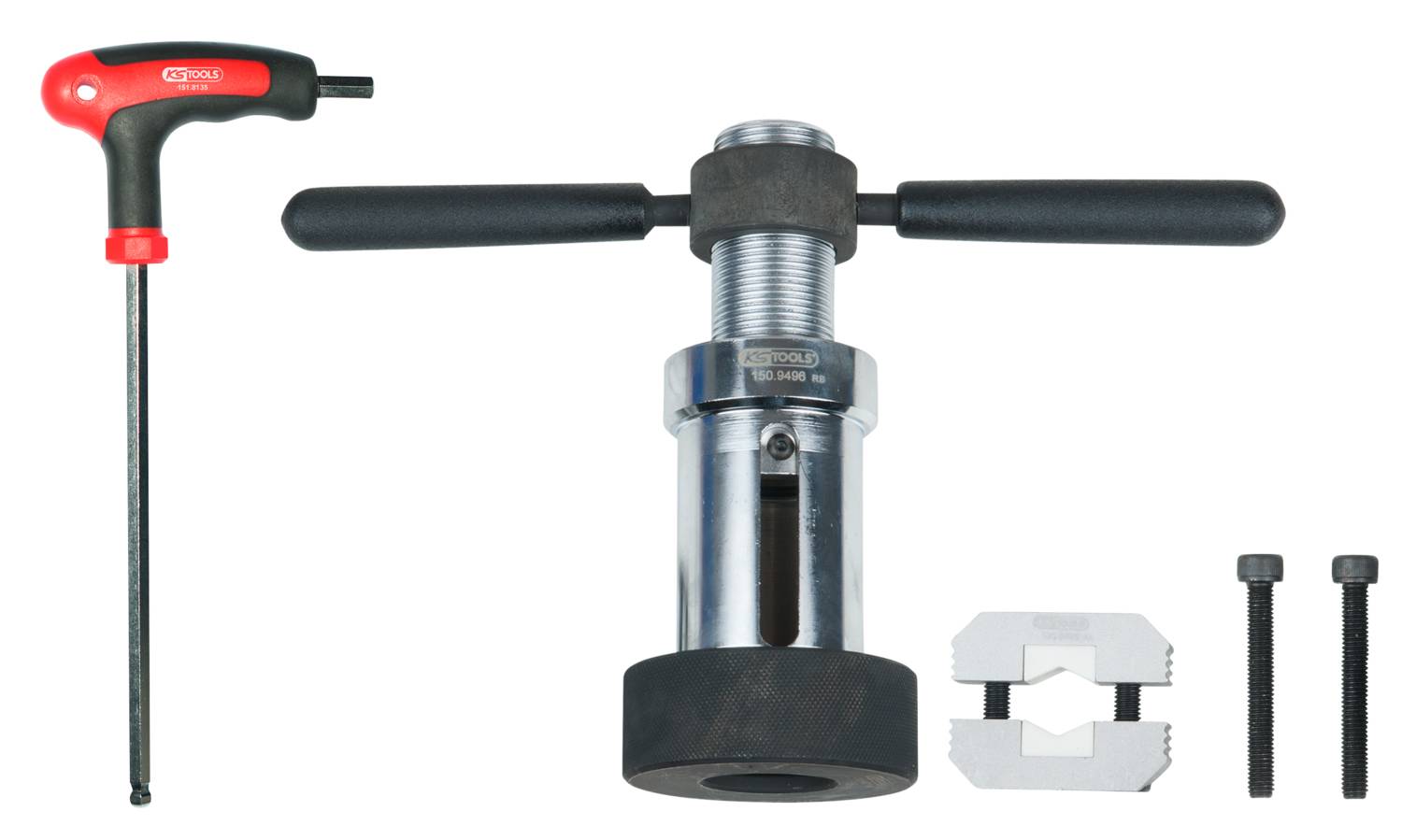 Rohrwerkzeug-Set mit Schraubenschlüssel, Spannvorrichtung und Schrauben. Hauptwerkzeug ist metallisch mit schwarzem Griff.