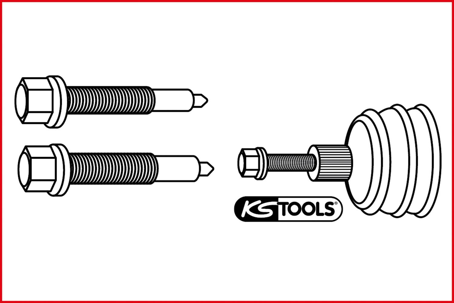 'KS Tools' Werkzeugbild zeigt zwei Schrauben links und ein repariertes Achsmanchettenset rechts, zur Reparatur und Montage.