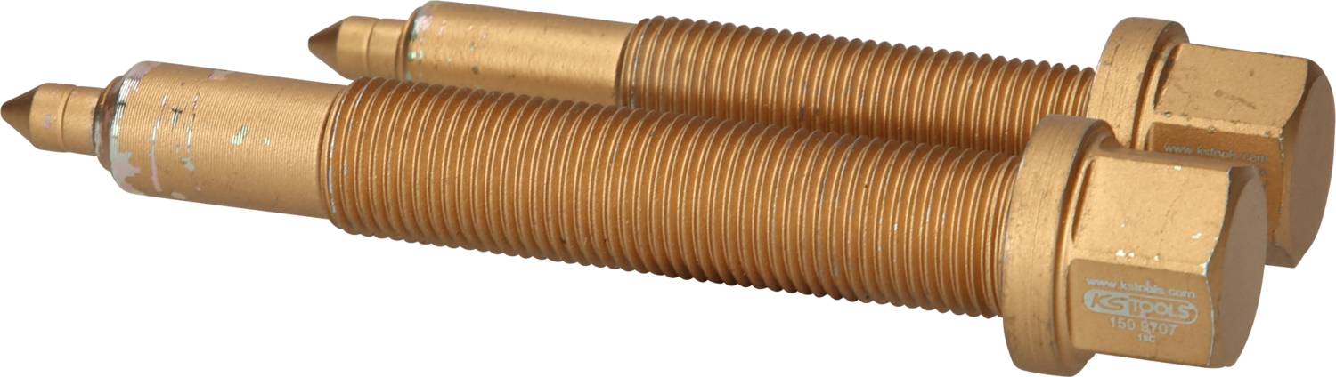 Zwei goldene, zylindrische Ventile mit geripptem Schaft und Sechskantkopf, seitlich liegend, in technischer Nahaufnahme.