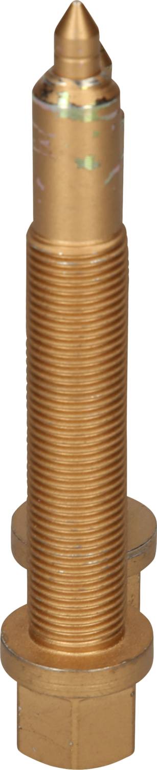 Ein kupferfarbener, mit Gewinde versehener, zylinderförmiger Metallstift mit einer spitzen oberen Kante, möglicherweise Teil eines größeren Geräts.