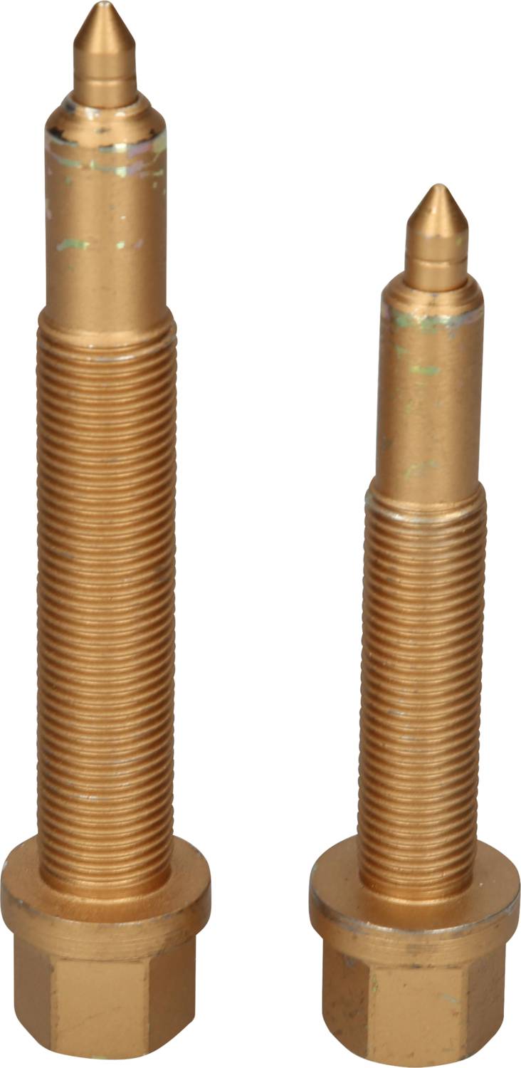 Zwei goldfarbene, spiralförmige Metallstangen unterschiedlicher Länge mit spitzen Enden, aufrecht stehend auf einem weißen Hintergrund.