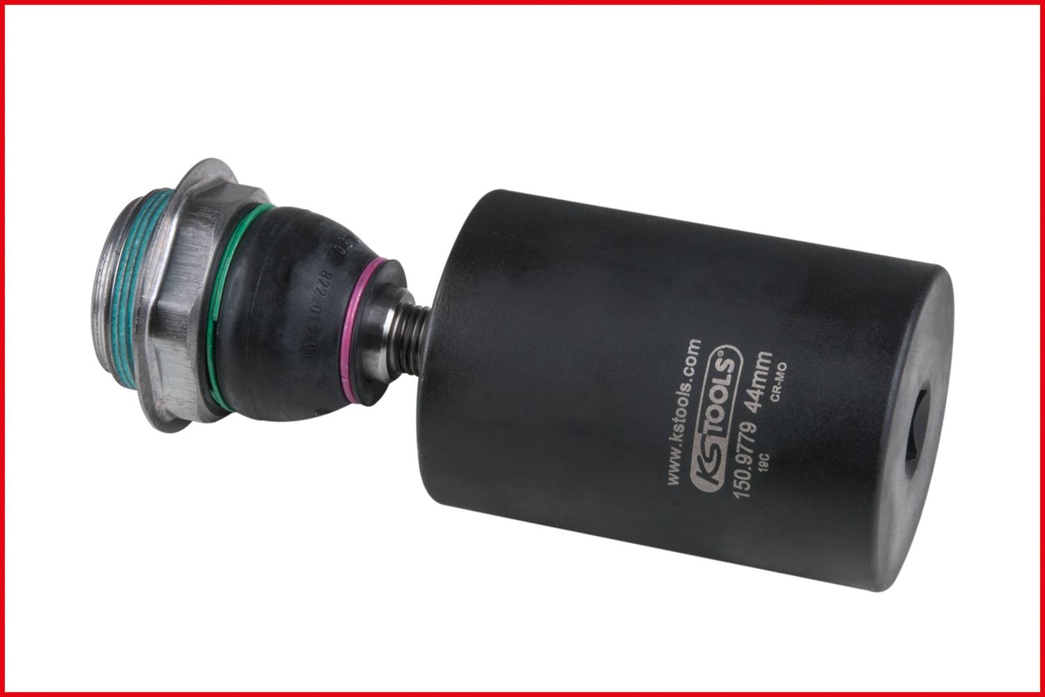 Ein schwarzes zylindrisches Werkzeug mit silbernem Gewinde und farbigen Ringen, verwendet im mechanischen Bereich.
