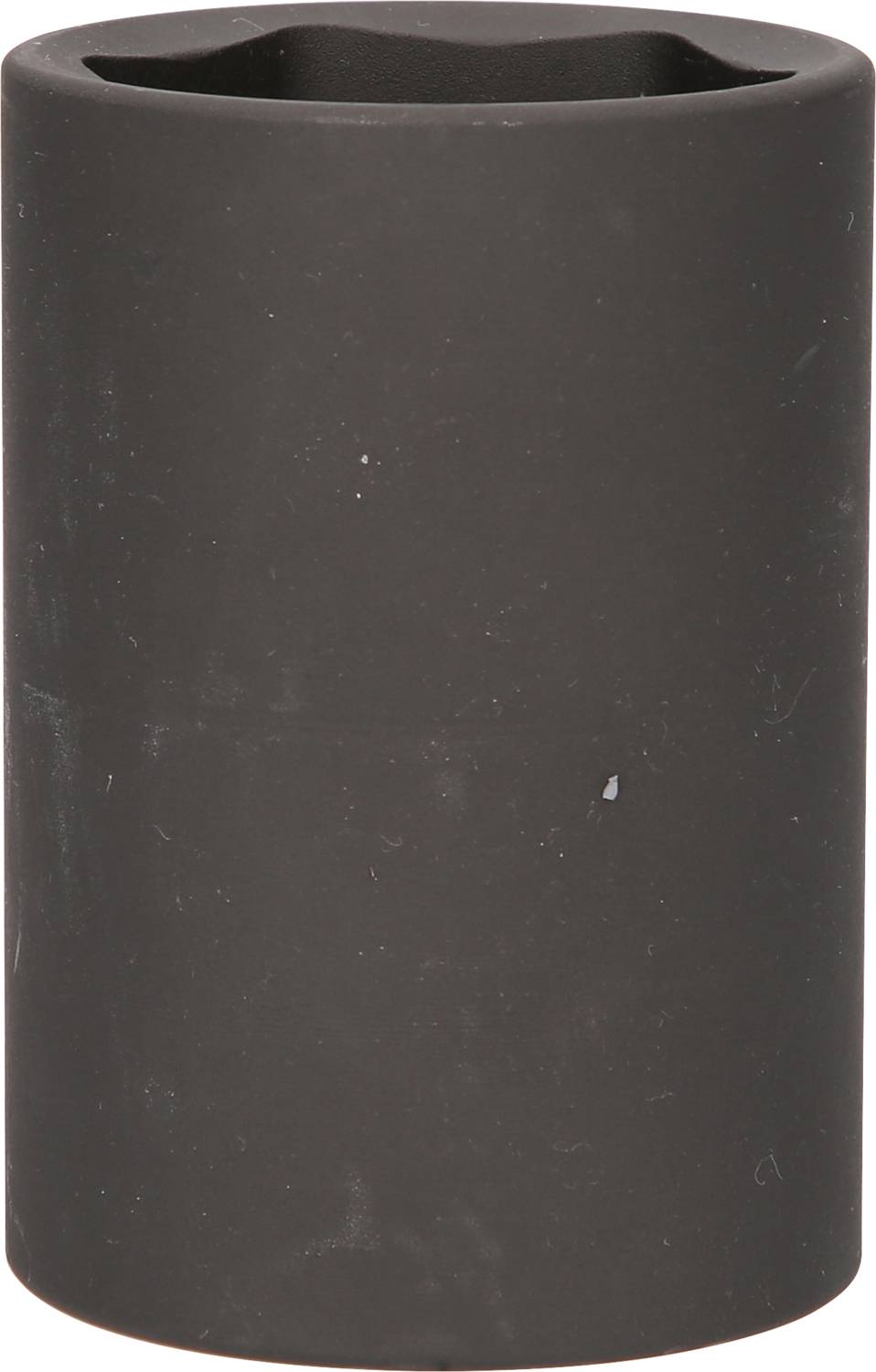 Ein schwarzer, zylindrischer Kerzenhalter mit glatter Oberfläche, geeignet für breite Kerzen.