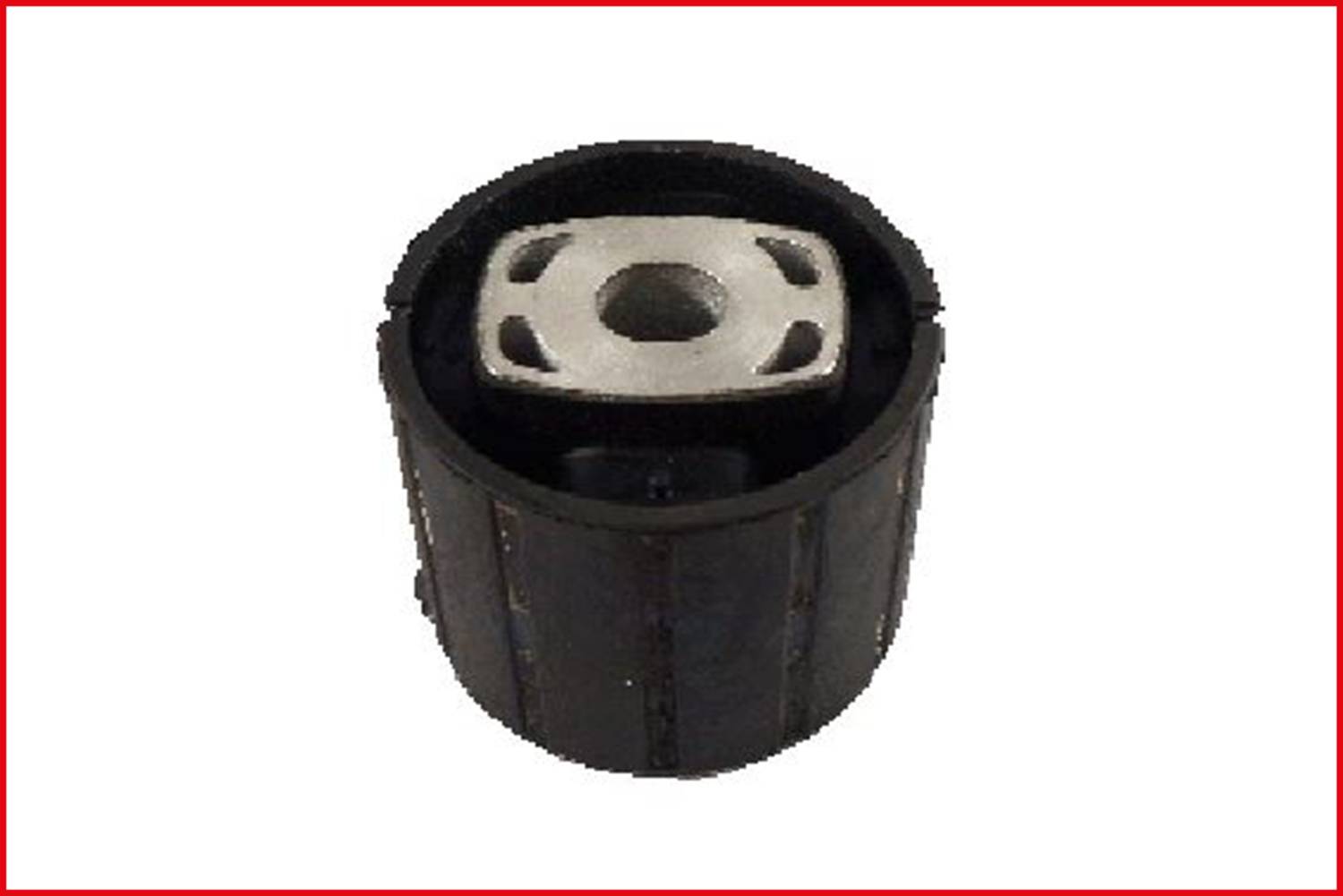 Ein rundes, schwarzes Maschinenlager mit einem metallischen Zentrum, vermutlich ein Teil eines Fahrzeugfederungssystems.