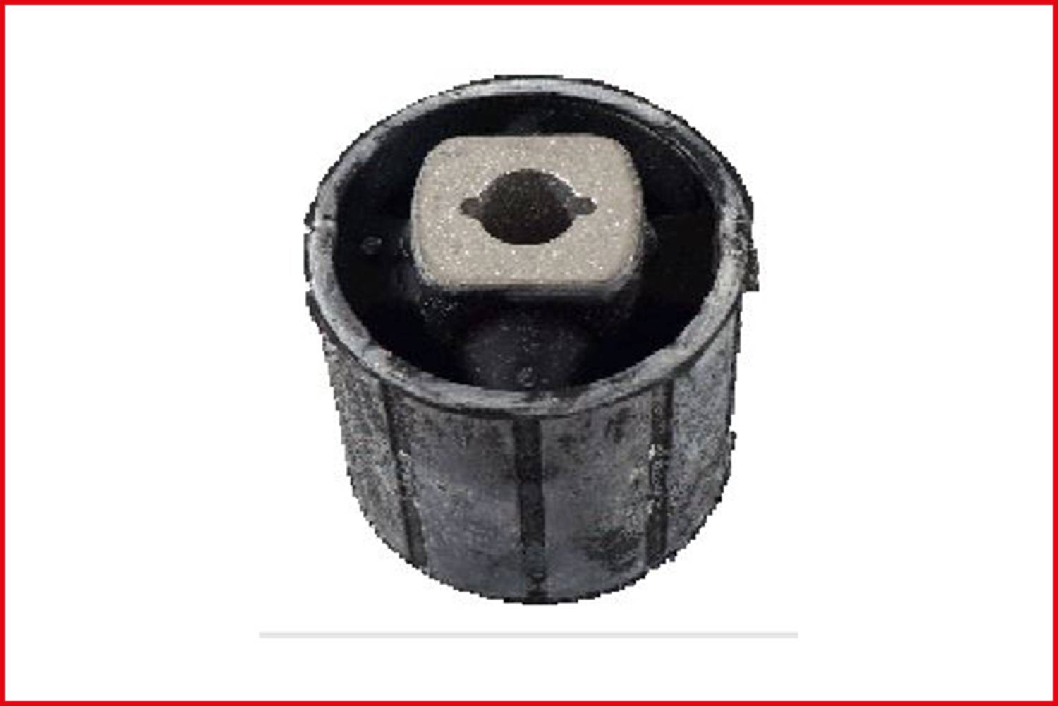 Gummibuchse in zylindrischer Form, oft in Fahrzeugaufhängungen verwendet, mit einer zentralen Metallhülse zur Stabilisierung und Dämpfung.