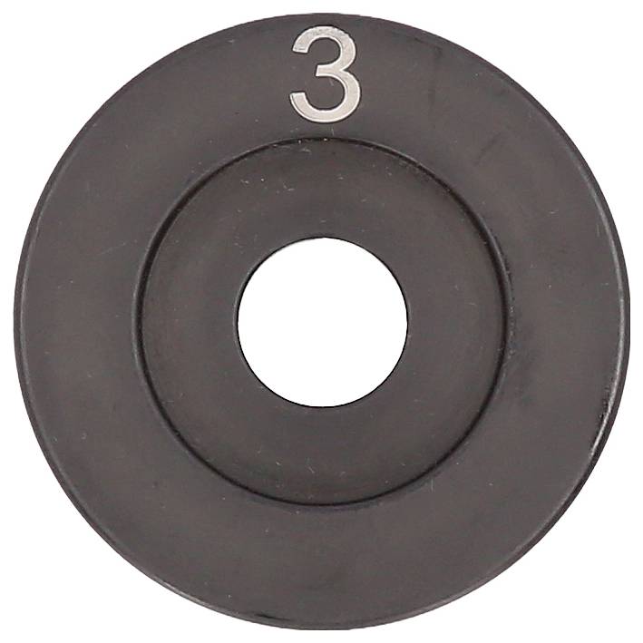 Schwarze Gewichtscheibe mit der Markierung „3" und zentralem Loch, frontal auf weißem Hintergrund dargestellt.