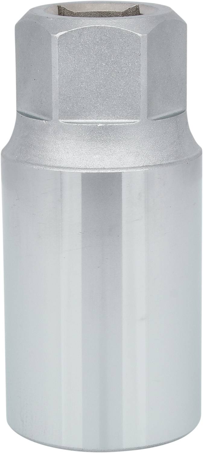Silberne, sechskantige Schraubenschlüsselaufnahme, zylindrische Form, glatt, robust und für mechanische Arbeiten geeignet.