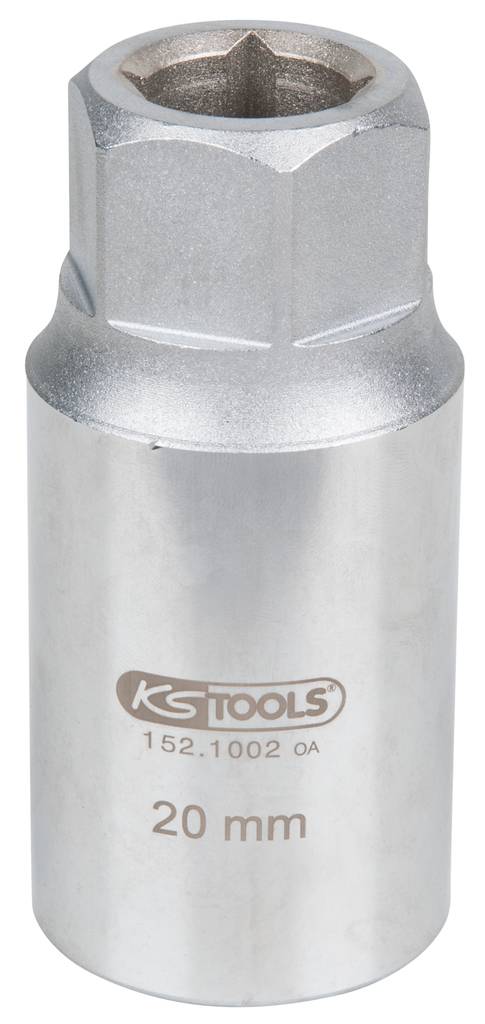 '20 mm Steckschlüsseleinsatz aus Chrom-Vanadium-Stahl mit Sechskantprofil, geeignet für Schrauben oder Muttern. Marke: KS Tools.'