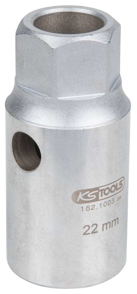 Steckschlüssel mit 22 mm Öffnung und seitlicher Bohrung. Silbernes Metall mit Logo und Nummer '152.1003' von KS Tools.