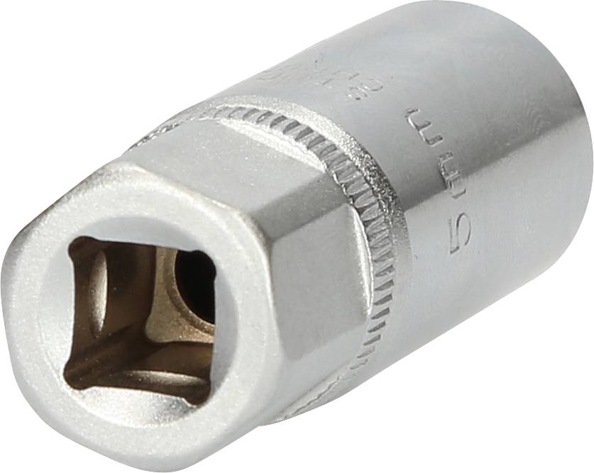 Silberne Stecknuss mit Sechskantaufnahme, graviertem '5 mm'-Aufdruck, liegt auf einer weißen Oberfläche.