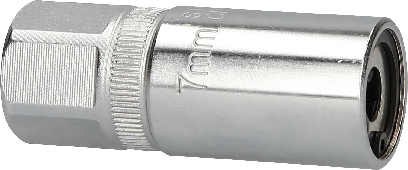 Metallischer Steckschlüssel mit Prägung '7 mm', zylindrische Form, glänzende Oberfläche.