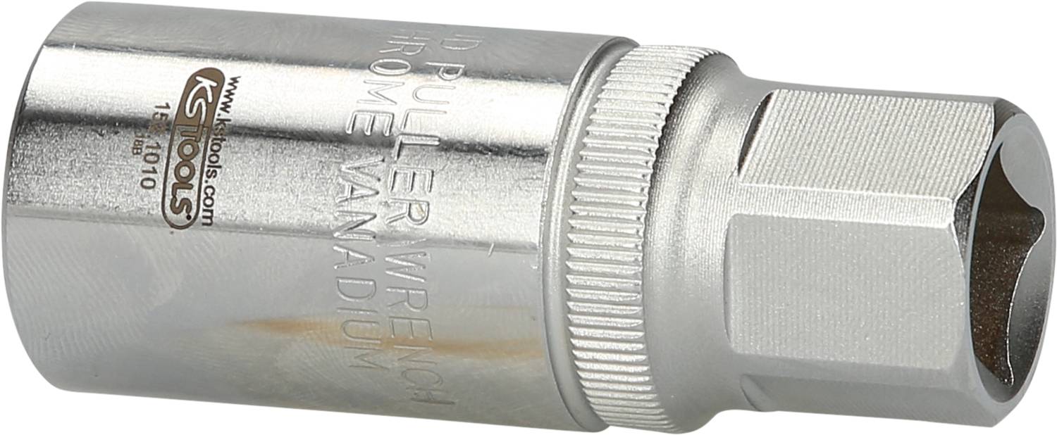 Metallische Schraubendreher-Bitaufnahme mit sechseckiger Öffnung, beschriftet mit 'Puller Wrench Chrome Vanadium'.